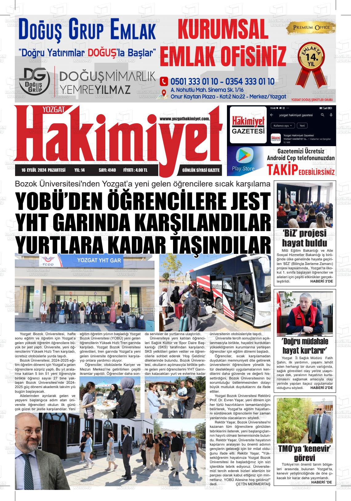 16 Eylül 2024 Yozgat Hakimiyet Gazete Manşeti