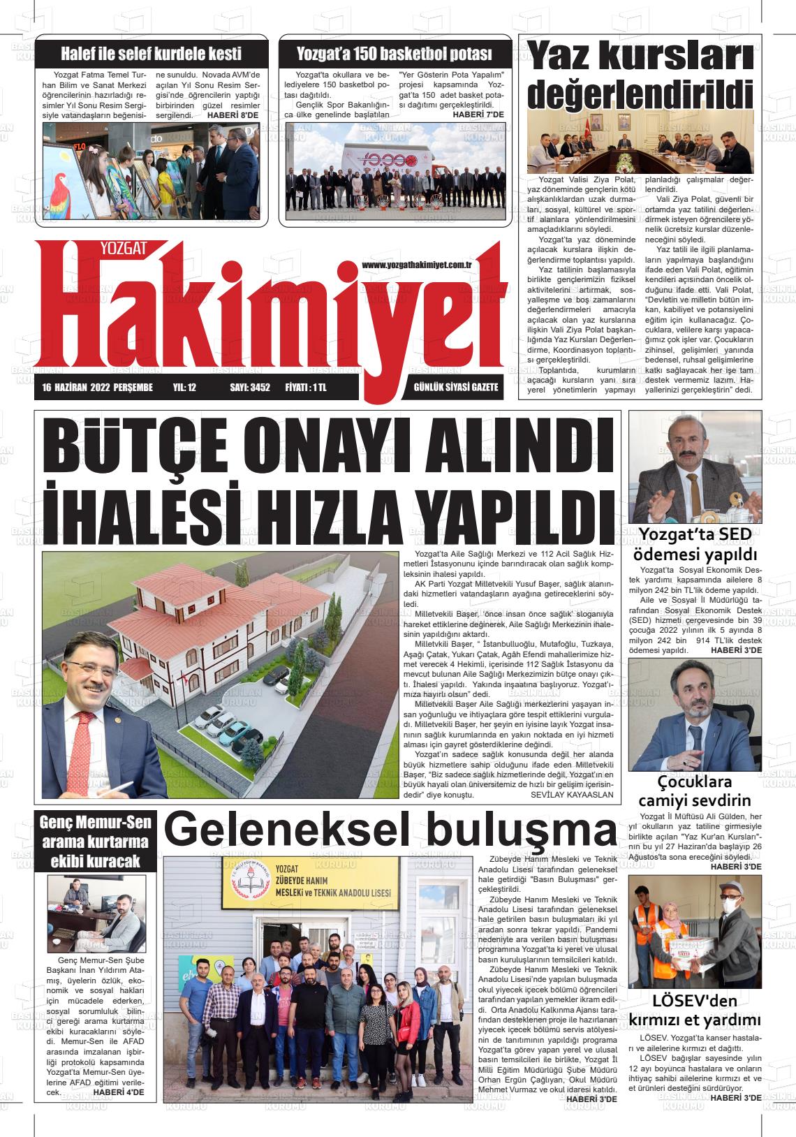 16 Haziran 2022 Yozgat Hakimiyet Gazete Manşeti