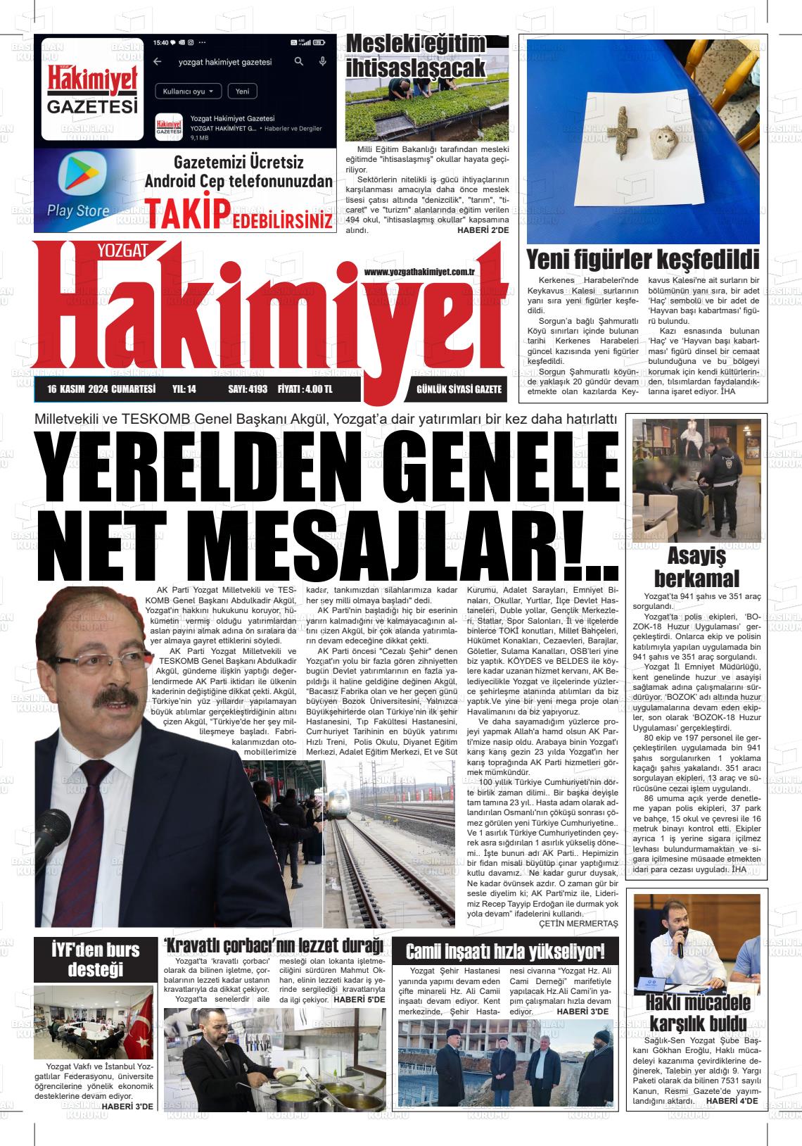 16 Kasım 2024 Yozgat Hakimiyet Gazete Manşeti