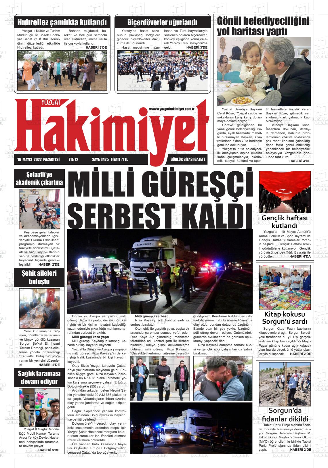 14 Temmuz 2022 Yozgat Hakimiyet Gazete Manşeti