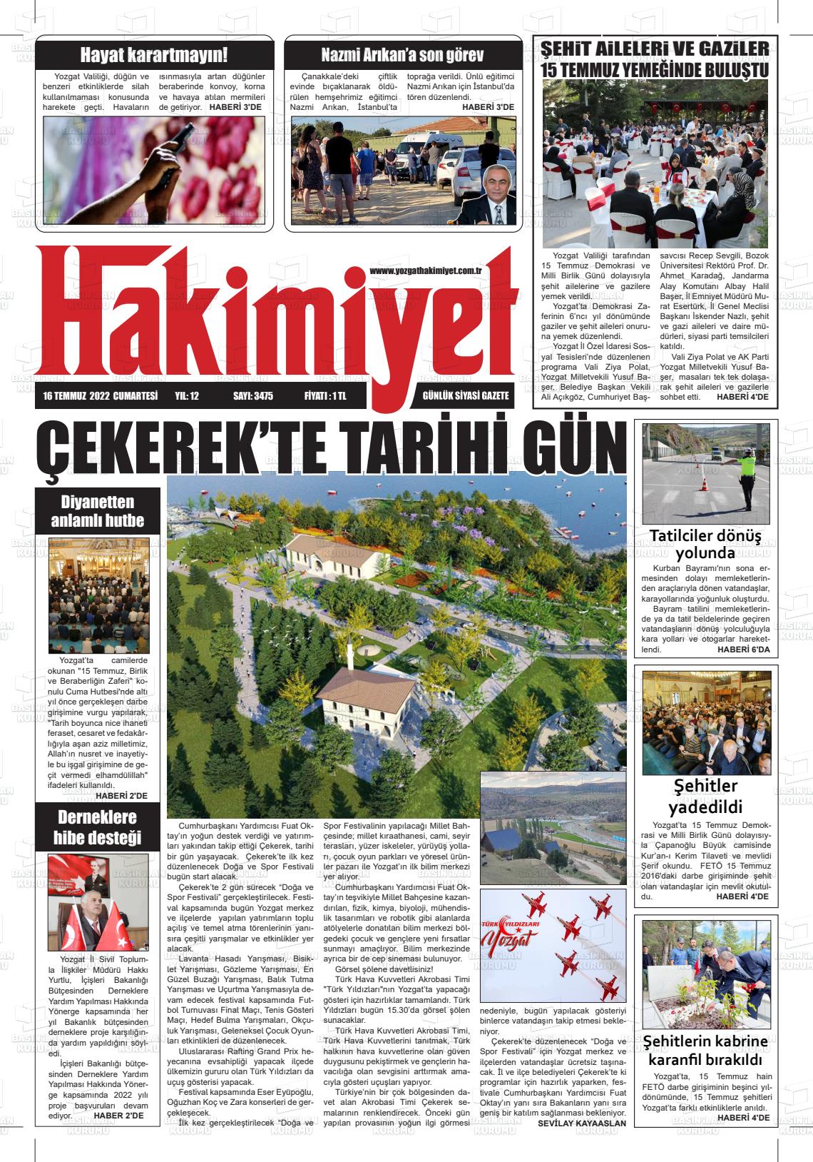 16 Temmuz 2022 Yozgat Hakimiyet Gazete Manşeti