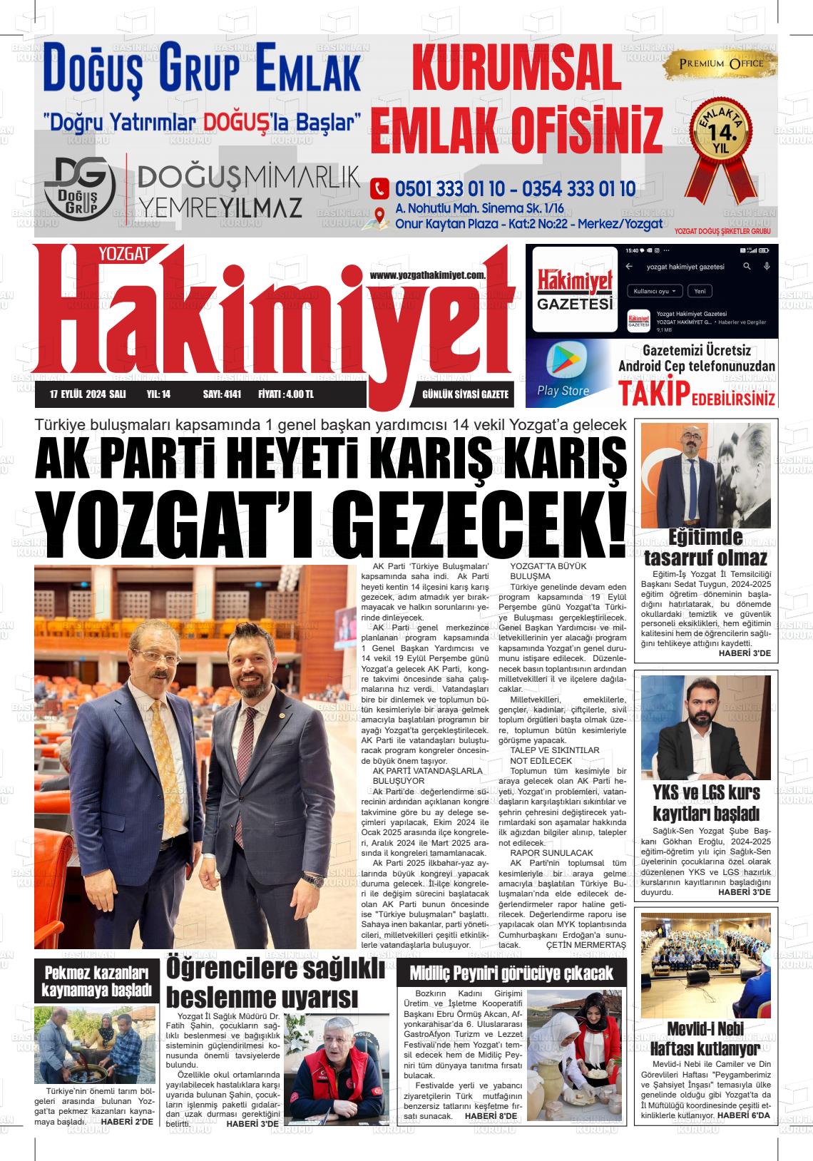 17 Eylül 2024 Yozgat Hakimiyet Gazete Manşeti