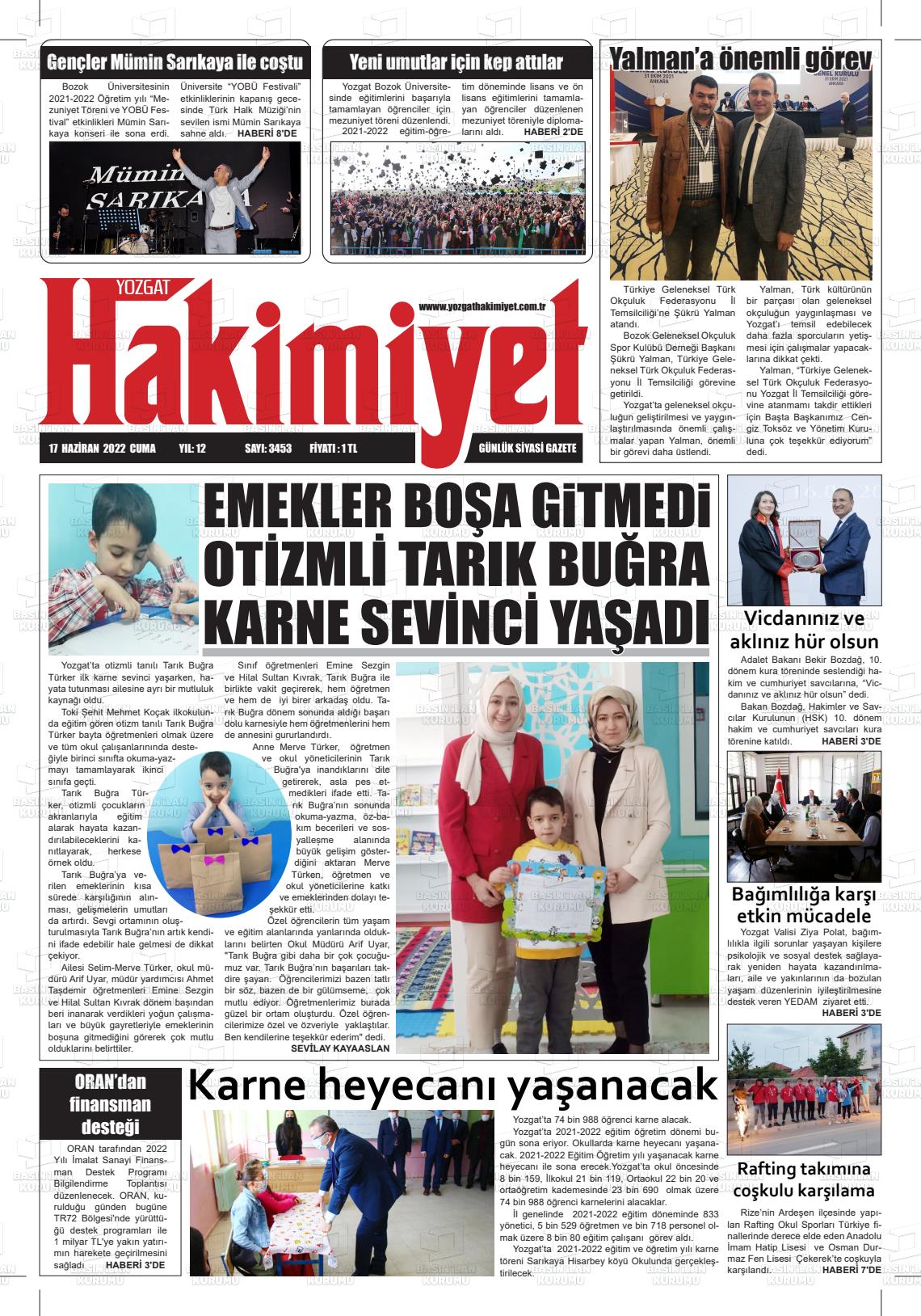 17 Haziran 2022 Yozgat Hakimiyet Gazete Manşeti