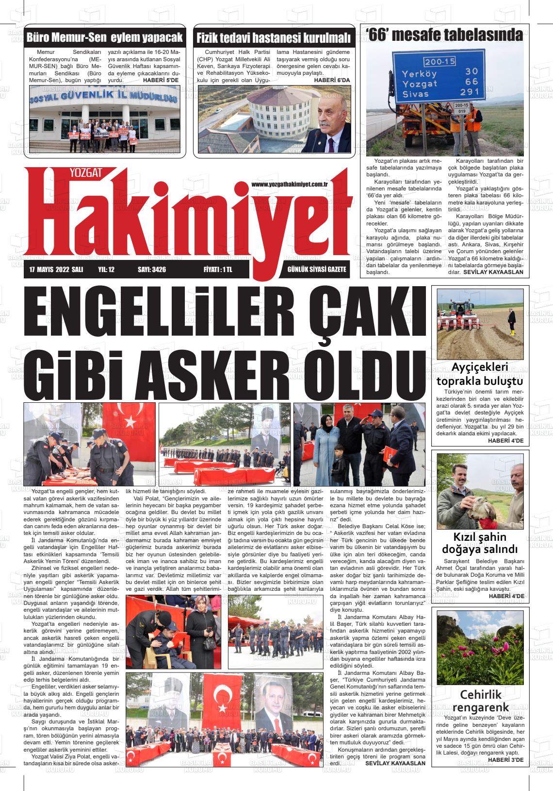 15 Temmuz 2022 Yozgat Hakimiyet Gazete Manşeti