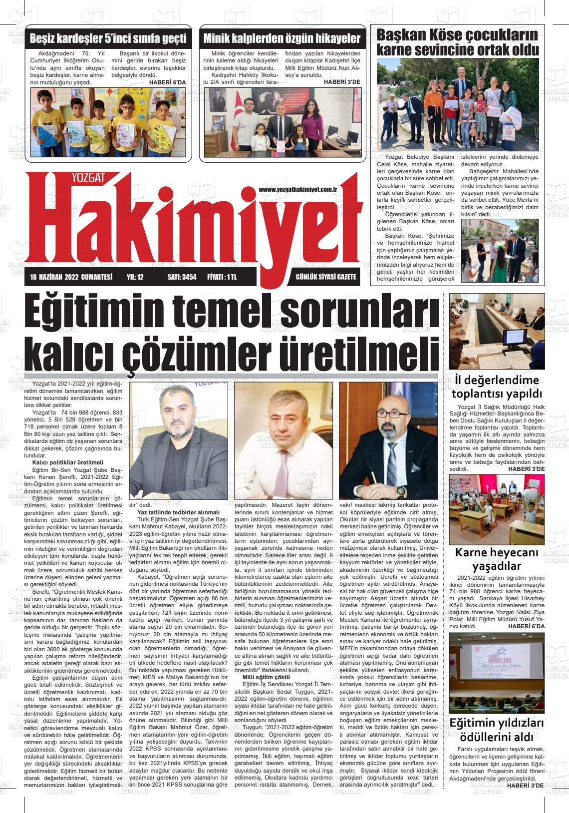 18 Haziran 2022 Yozgat Hakimiyet Gazete Manşeti