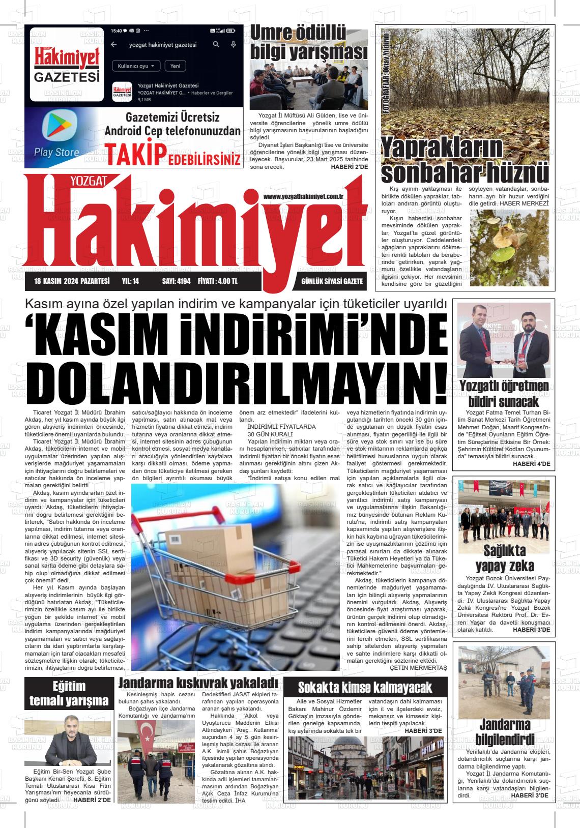 18 Kasım 2024 Yozgat Hakimiyet Gazete Manşeti