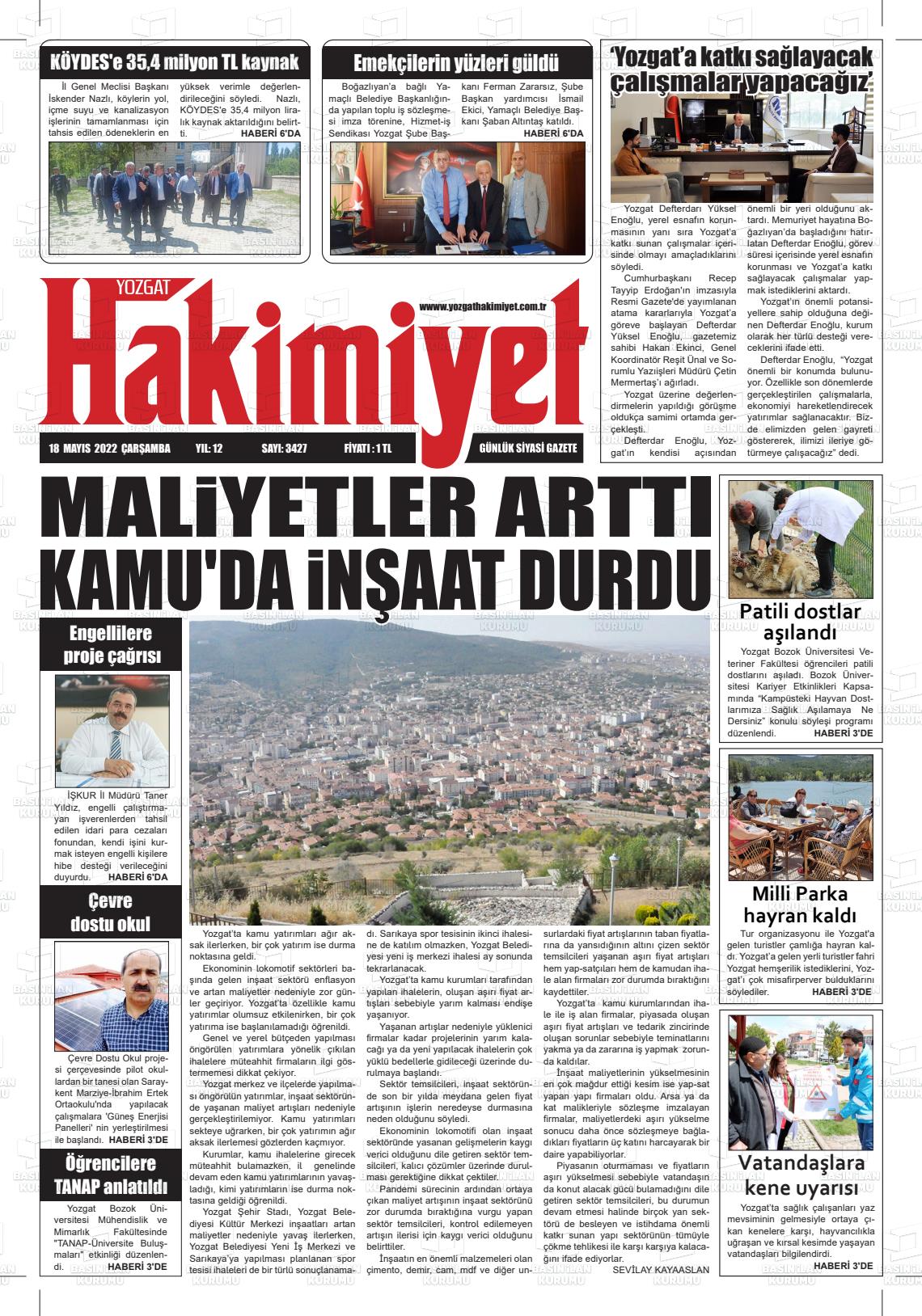 18 Mayıs 2022 Yozgat Hakimiyet Gazete Manşeti