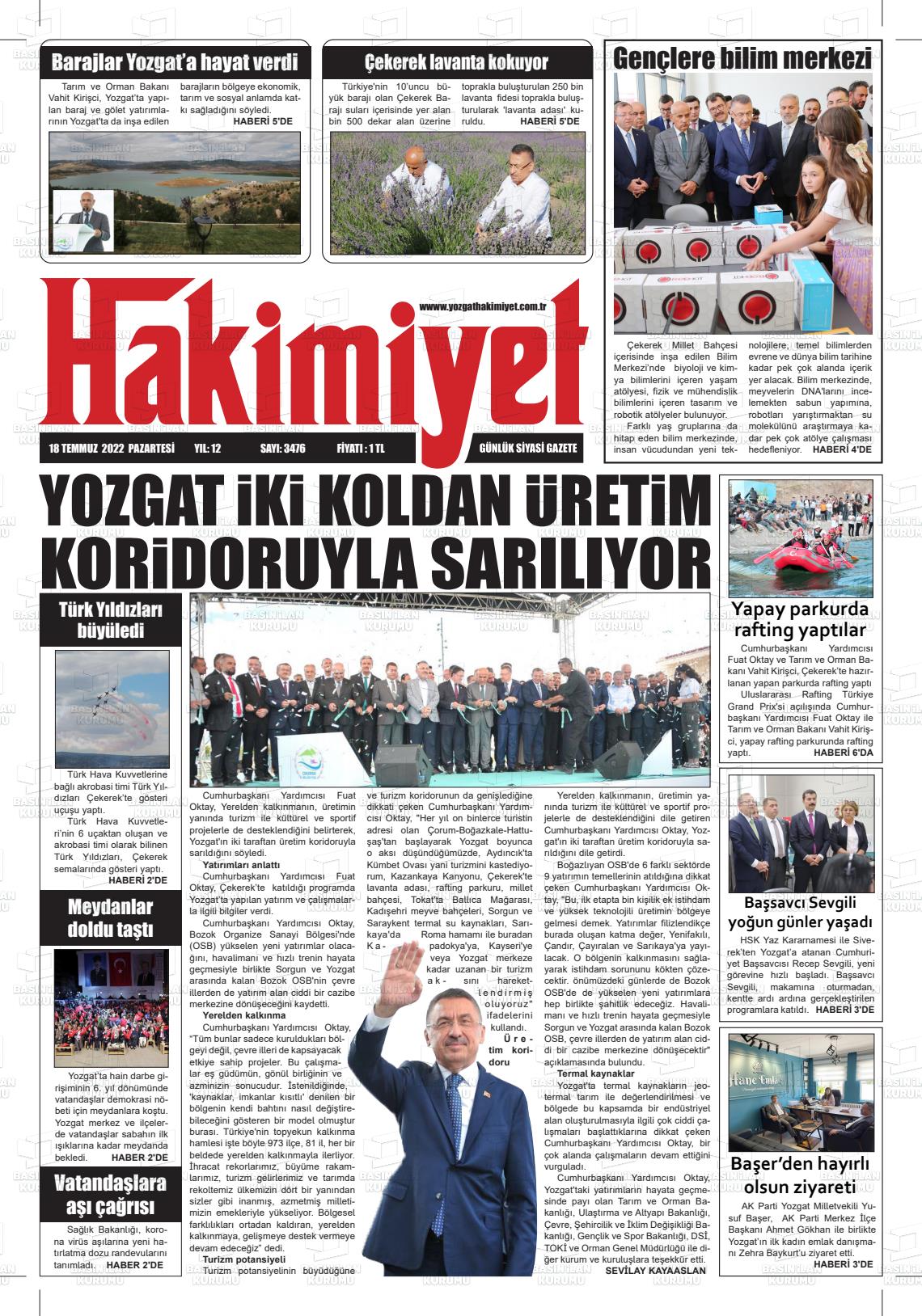 18 Temmuz 2022 Yozgat Hakimiyet Gazete Manşeti