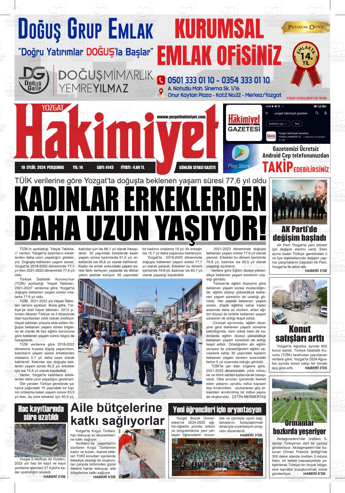 19 Eylül 2024 Yozgat Hakimiyet Gazete Manşeti