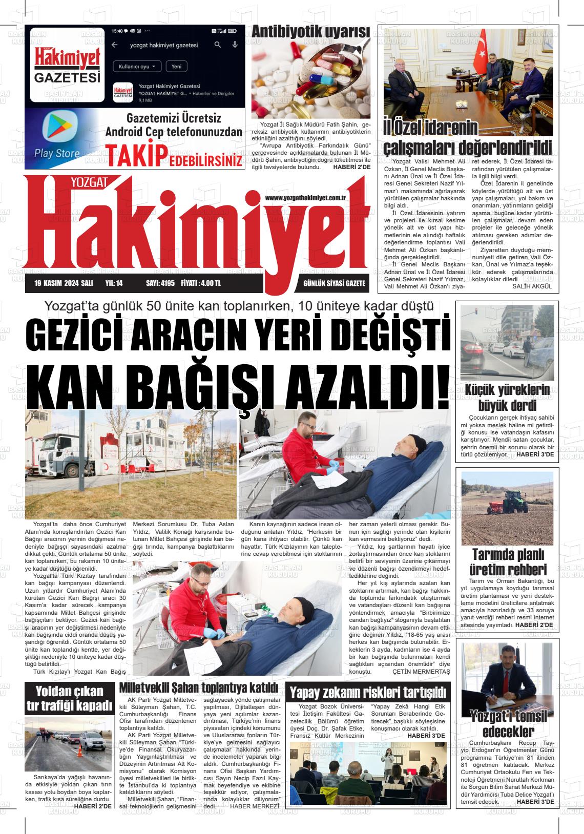 19 Kasım 2024 Yozgat Hakimiyet Gazete Manşeti