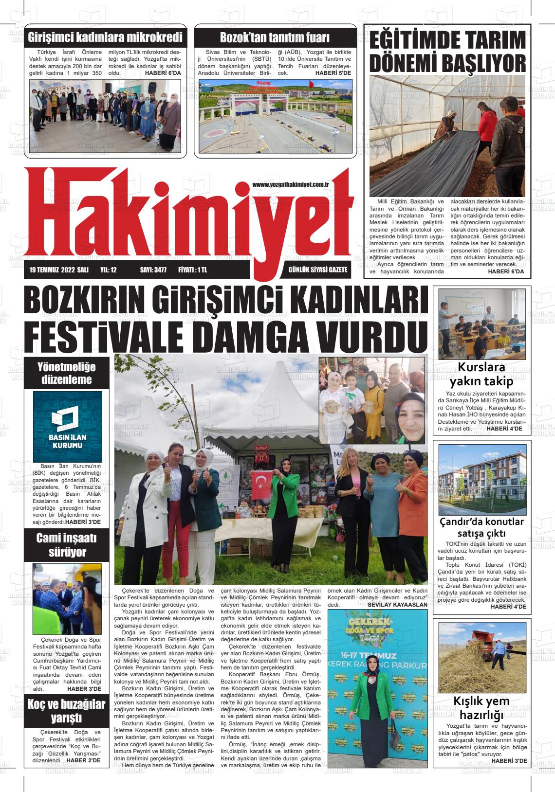 19 Temmuz 2022 Yozgat Hakimiyet Gazete Manşeti