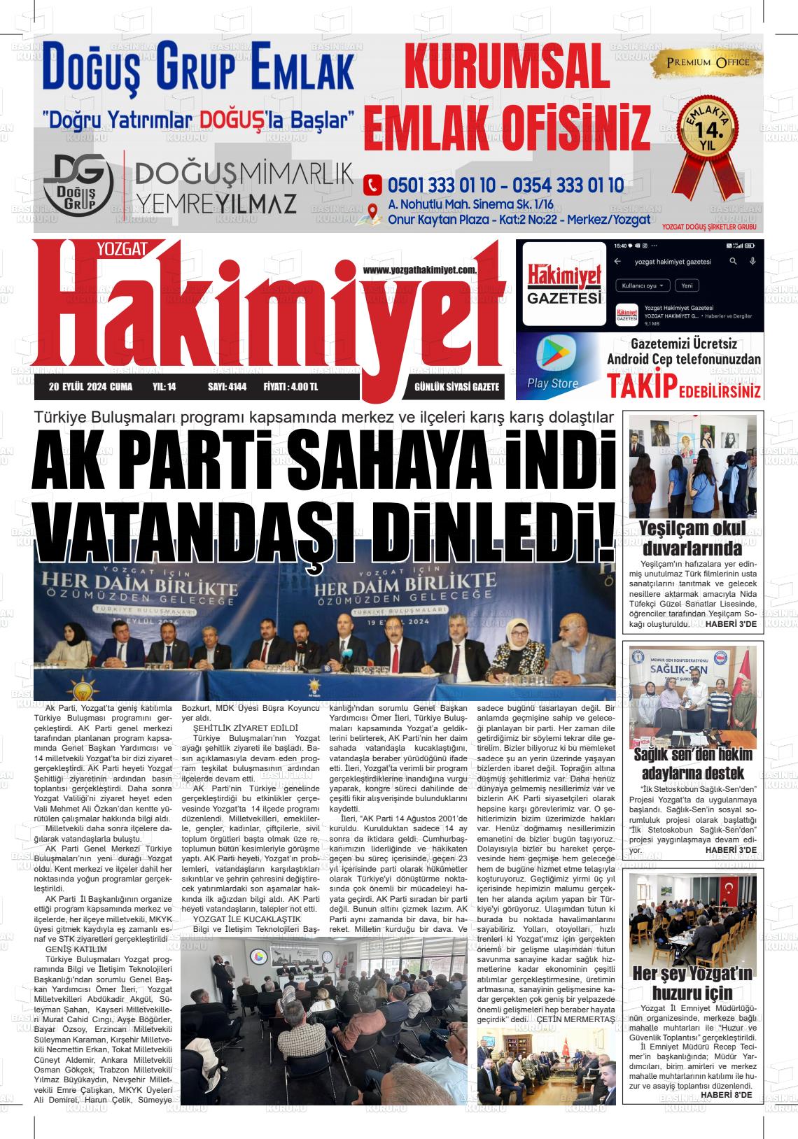 20 Eylül 2024 Yozgat Hakimiyet Gazete Manşeti