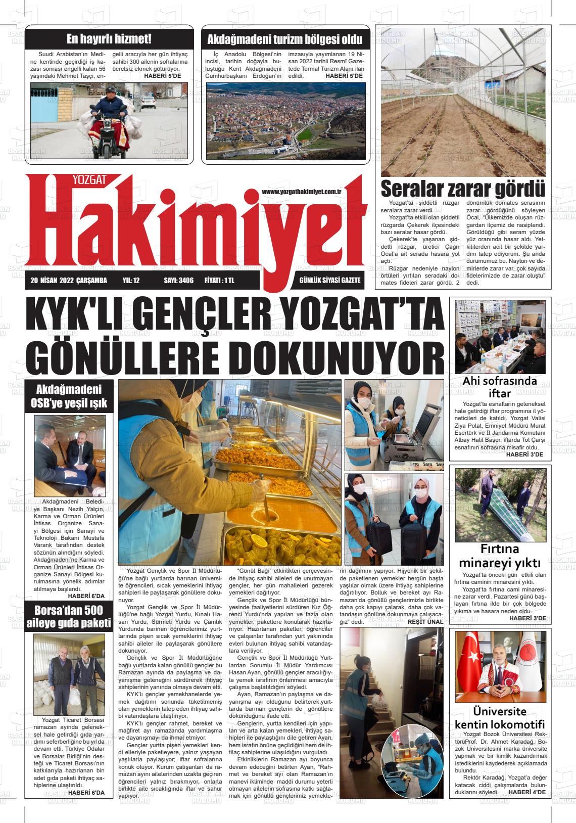 20 Nisan 2022 Yozgat Hakimiyet Gazete Manşeti