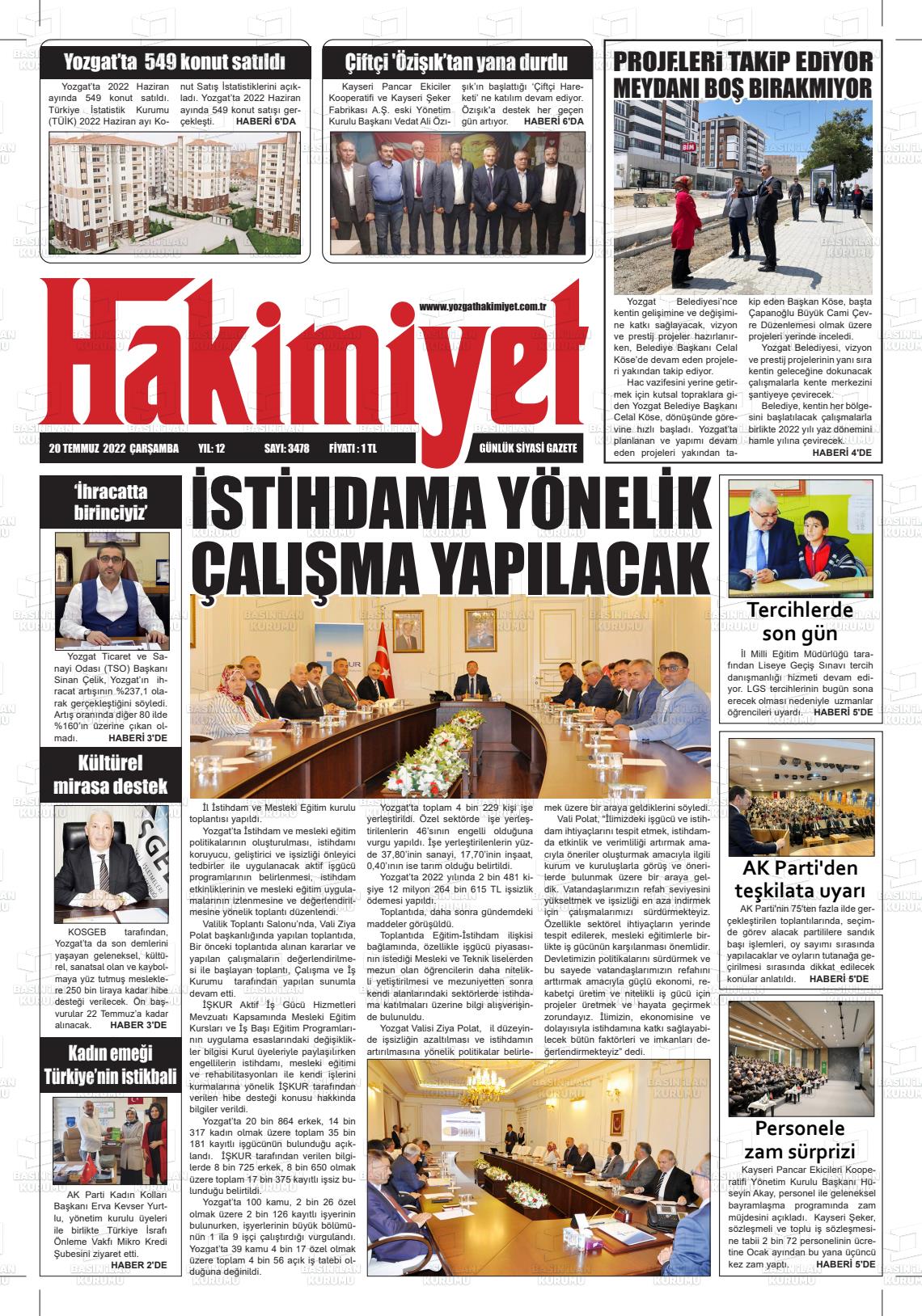 20 Temmuz 2022 Yozgat Hakimiyet Gazete Manşeti