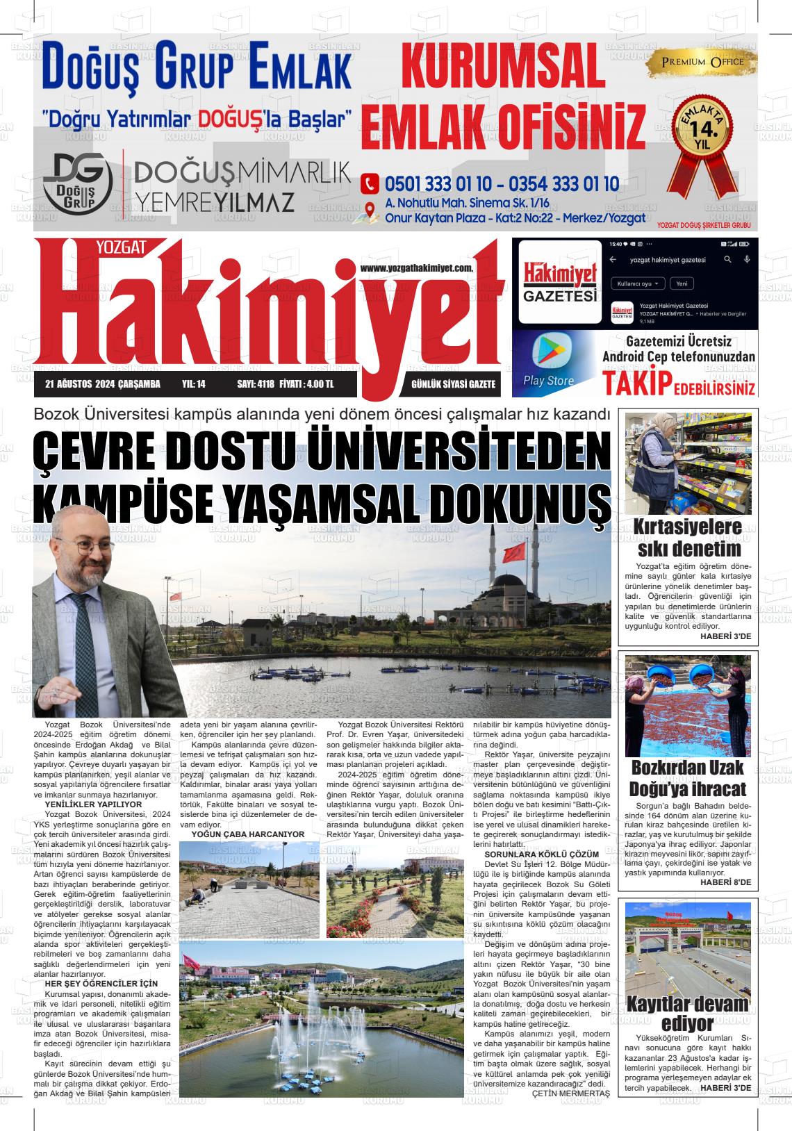 21 Ağustos 2024 Yozgat Hakimiyet Gazete Manşeti