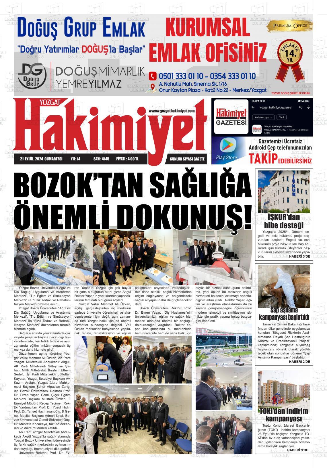 21 Eylül 2024 Yozgat Hakimiyet Gazete Manşeti