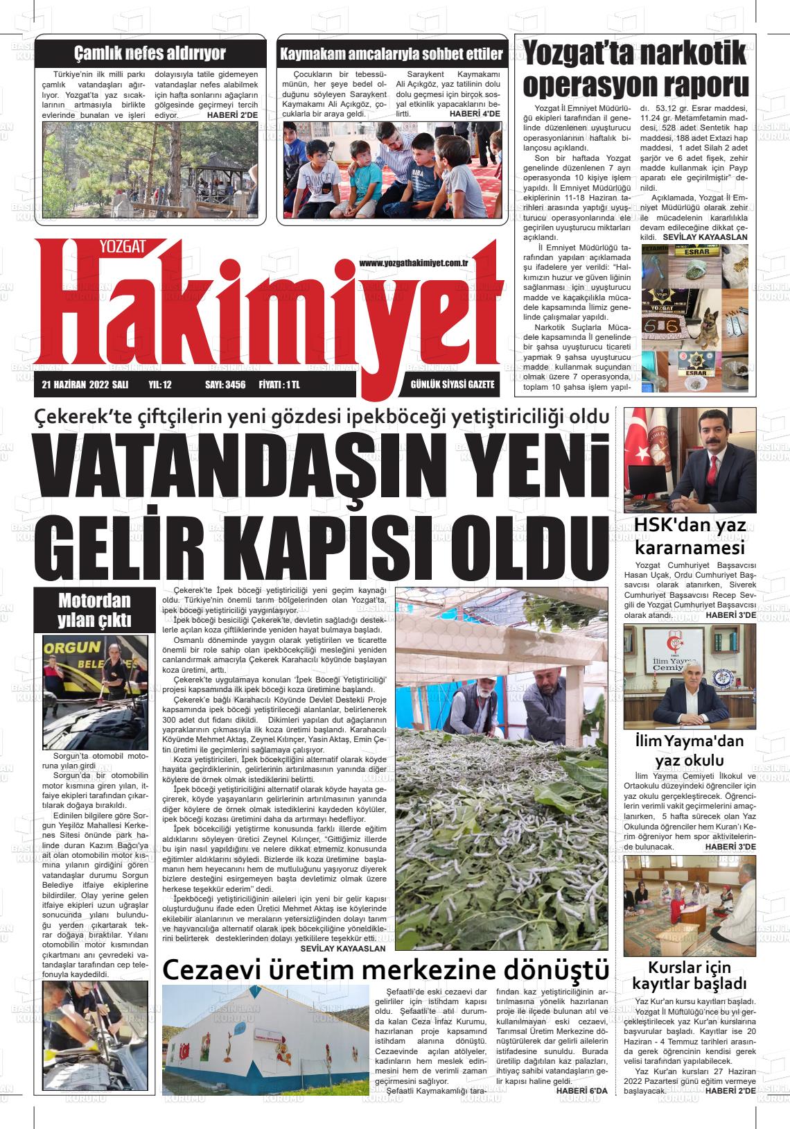 21 Haziran 2022 Yozgat Hakimiyet Gazete Manşeti