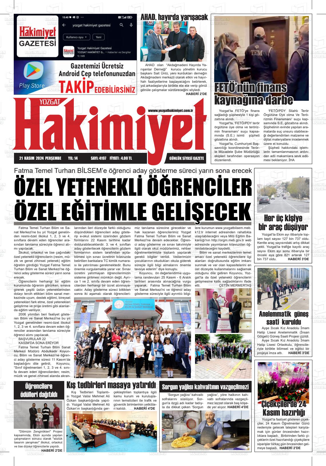 21 Kasım 2024 Yozgat Hakimiyet Gazete Manşeti