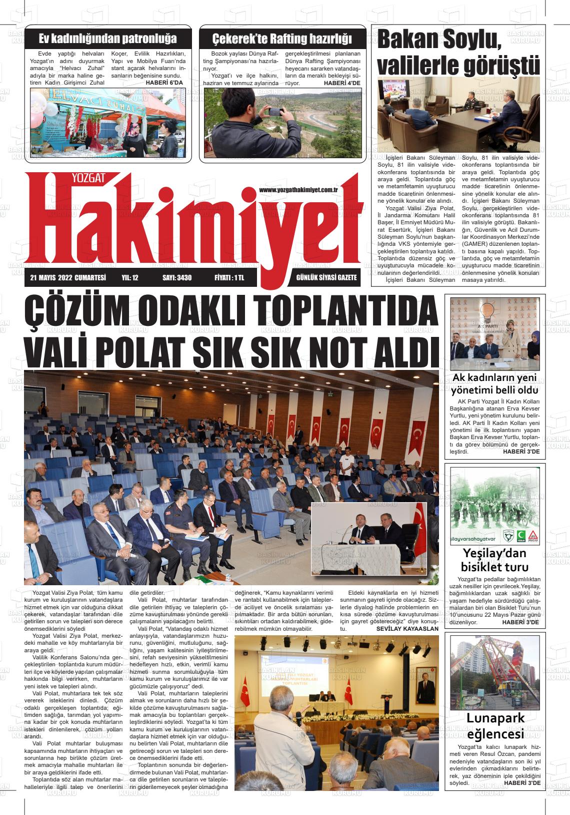 19 Temmuz 2022 Yozgat Hakimiyet Gazete Manşeti