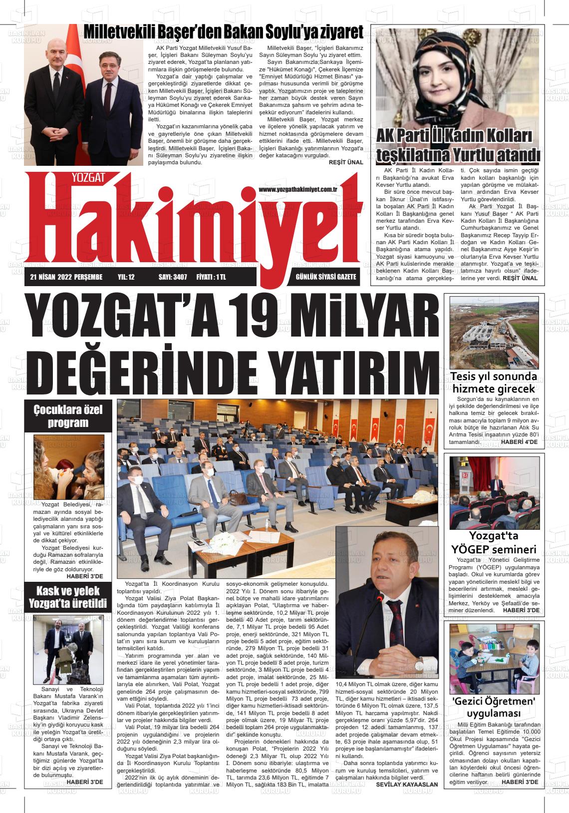 21 Nisan 2022 Yozgat Hakimiyet Gazete Manşeti