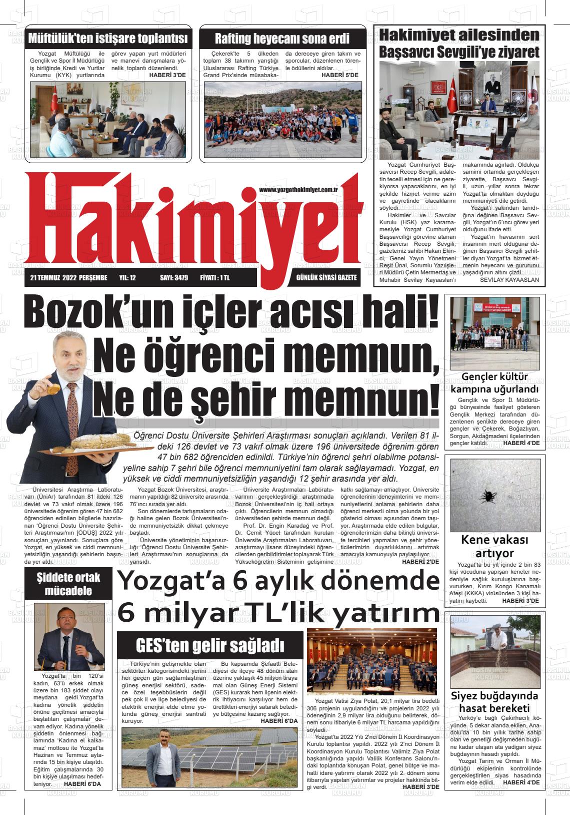 21 Temmuz 2022 Yozgat Hakimiyet Gazete Manşeti