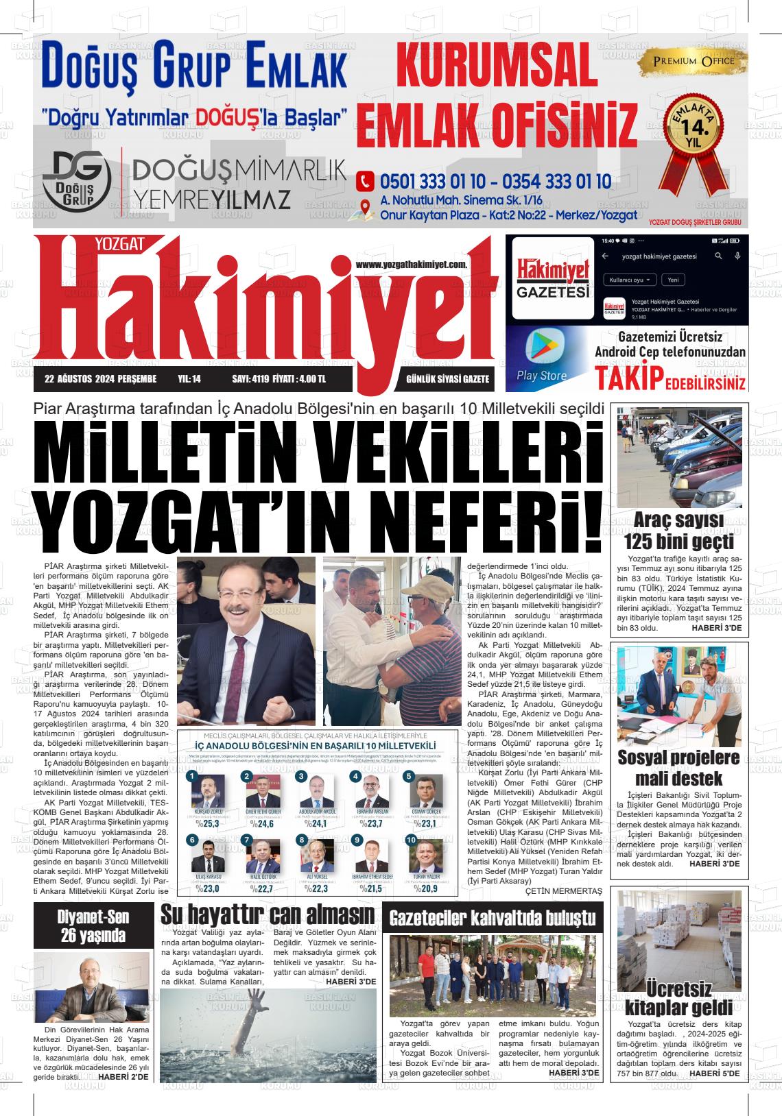 22 Ağustos 2024 Yozgat Hakimiyet Gazete Manşeti