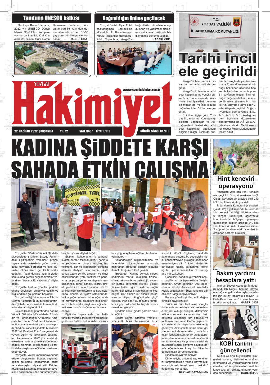 22 Haziran 2022 Yozgat Hakimiyet Gazete Manşeti