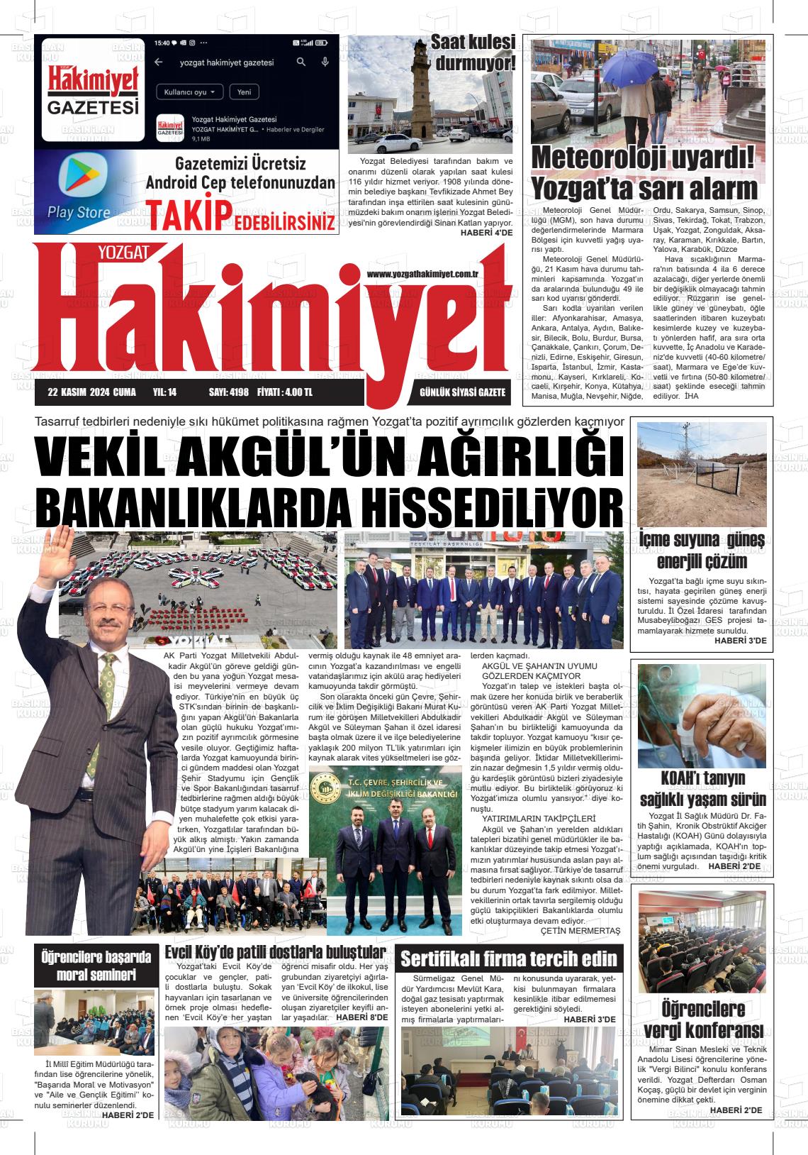 22 Kasım 2024 Yozgat Hakimiyet Gazete Manşeti