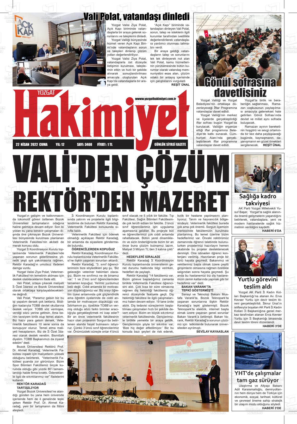 22 Nisan 2022 Yozgat Hakimiyet Gazete Manşeti