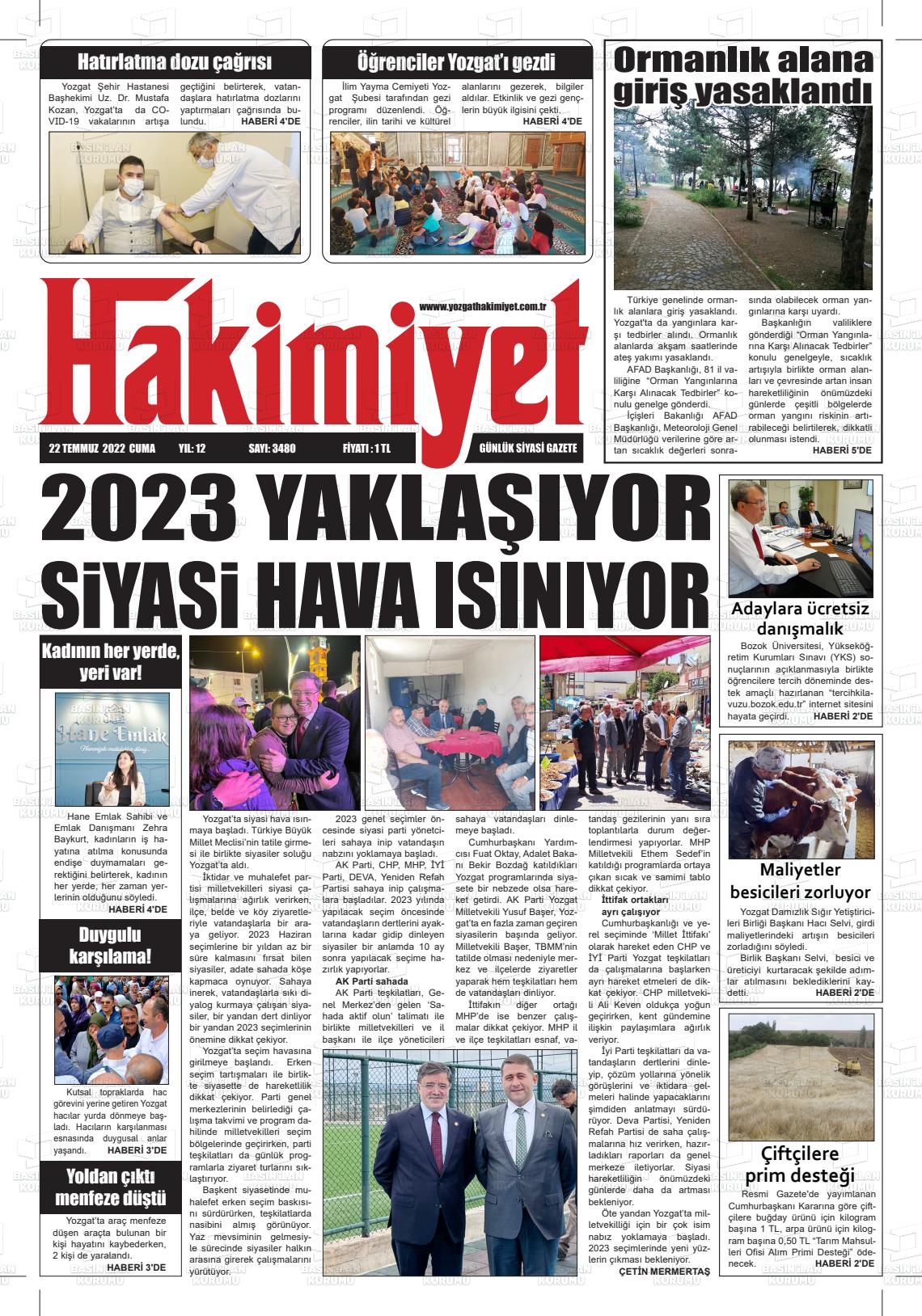 22 Temmuz 2022 Yozgat Hakimiyet Gazete Manşeti