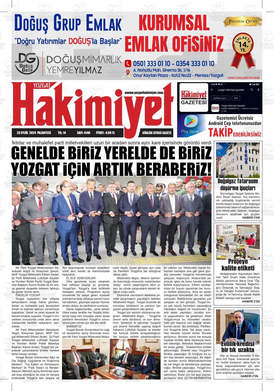 23 Eylül 2024 Yozgat Hakimiyet Gazete Manşeti