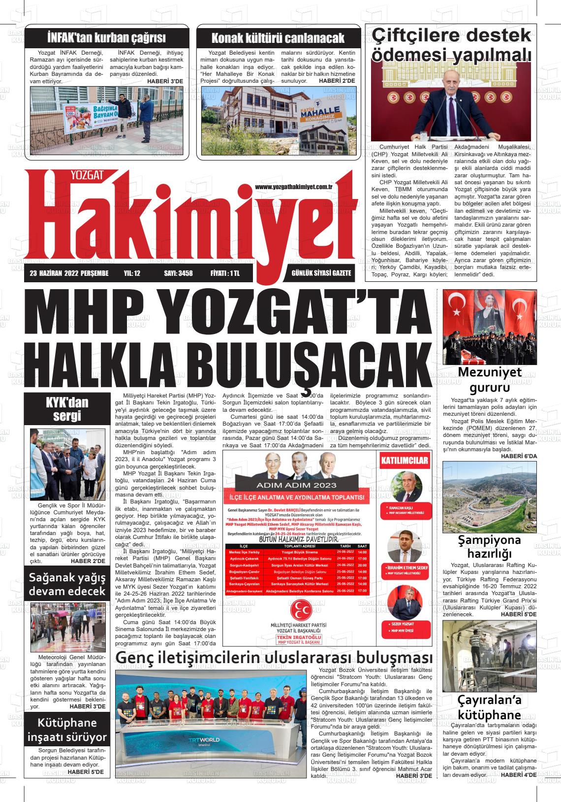 23 Haziran 2022 Yozgat Hakimiyet Gazete Manşeti