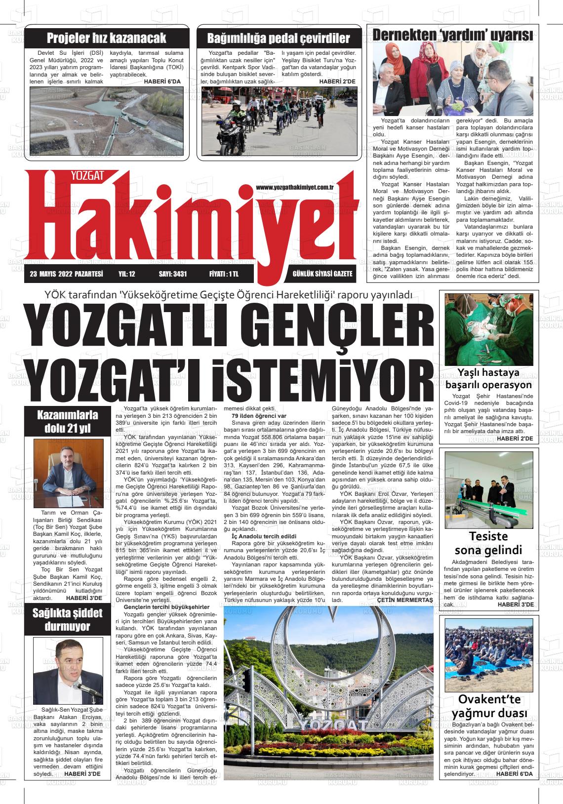 23 Mayıs 2022 Yozgat Hakimiyet Gazete Manşeti