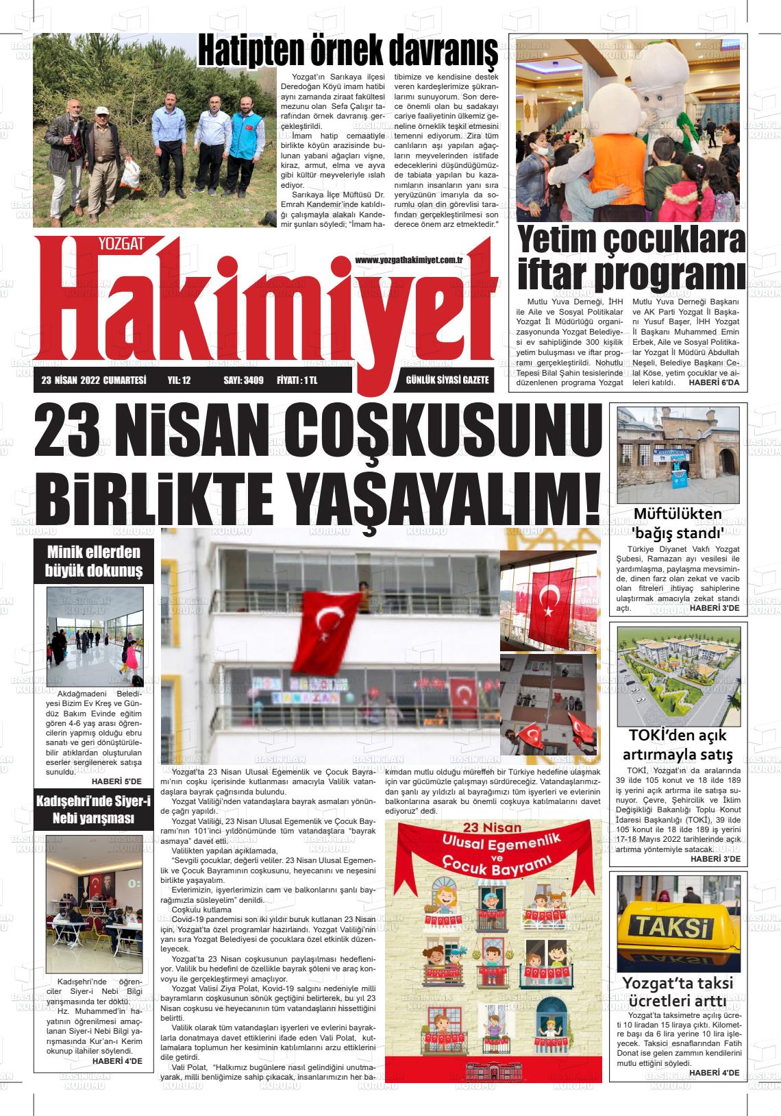 23 Nisan 2022 Yozgat Hakimiyet Gazete Manşeti