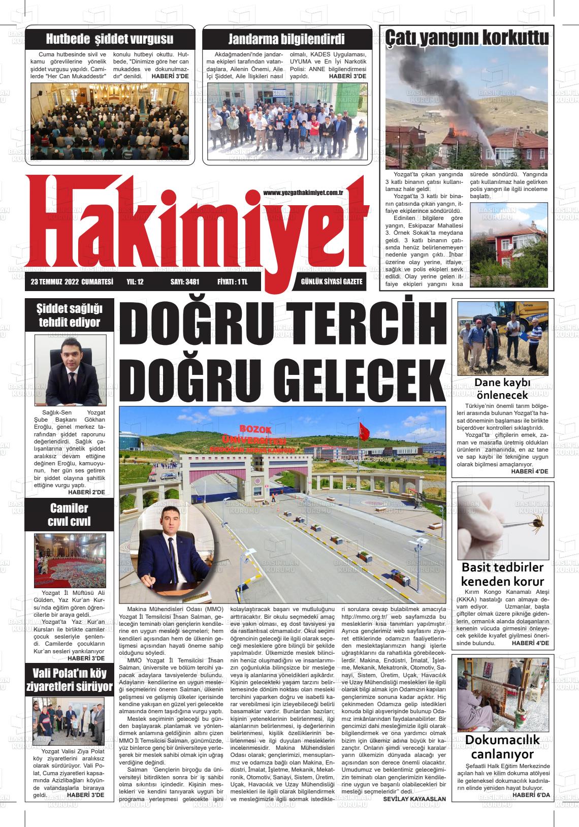 23 Temmuz 2022 Yozgat Hakimiyet Gazete Manşeti