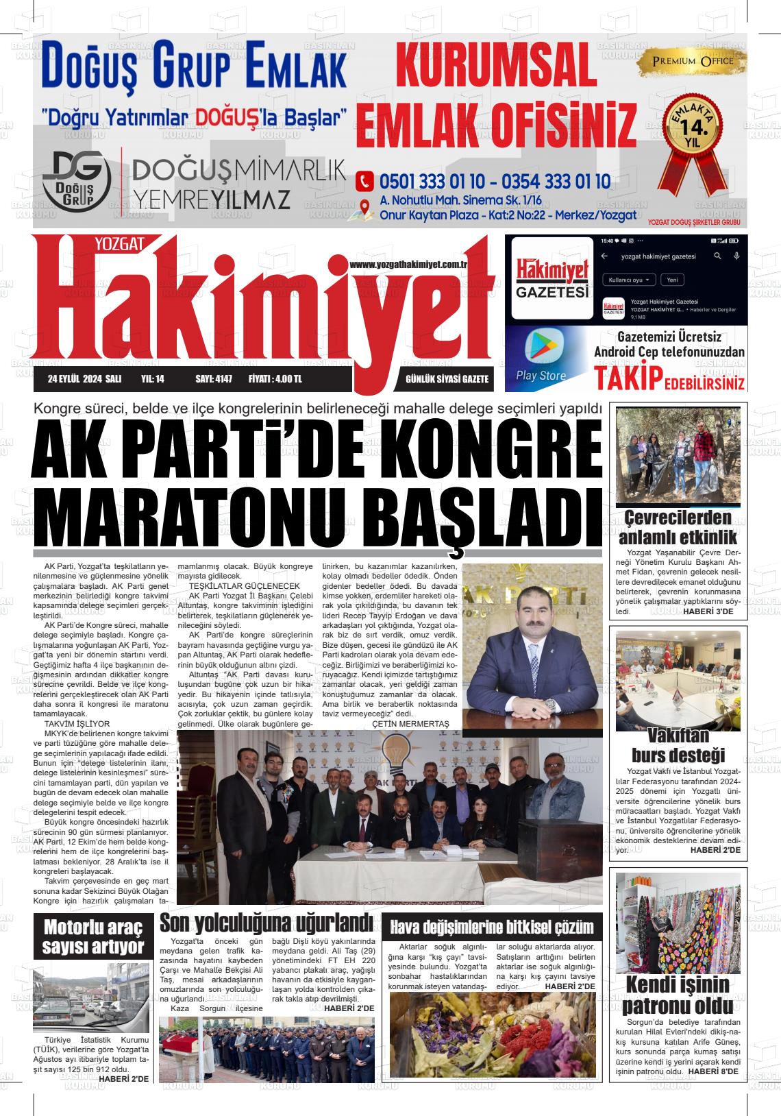 24 Eylül 2024 Yozgat Hakimiyet Gazete Manşeti