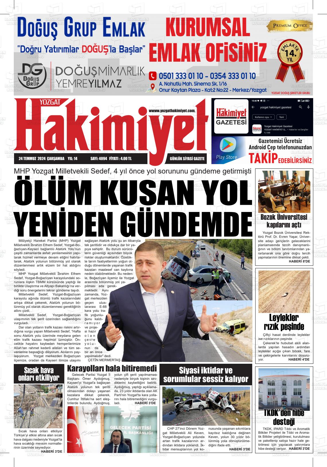 24 Temmuz 2024 Yozgat Hakimiyet Gazete Manşeti