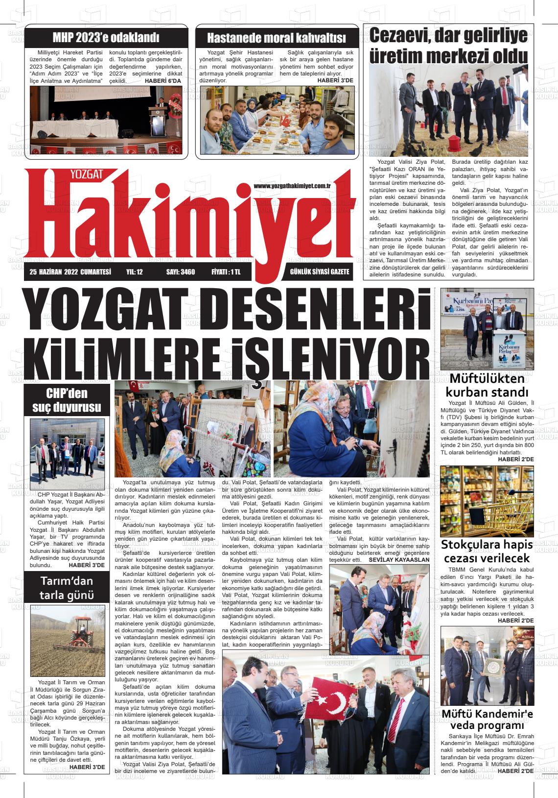 25 Haziran 2022 Yozgat Hakimiyet Gazete Manşeti