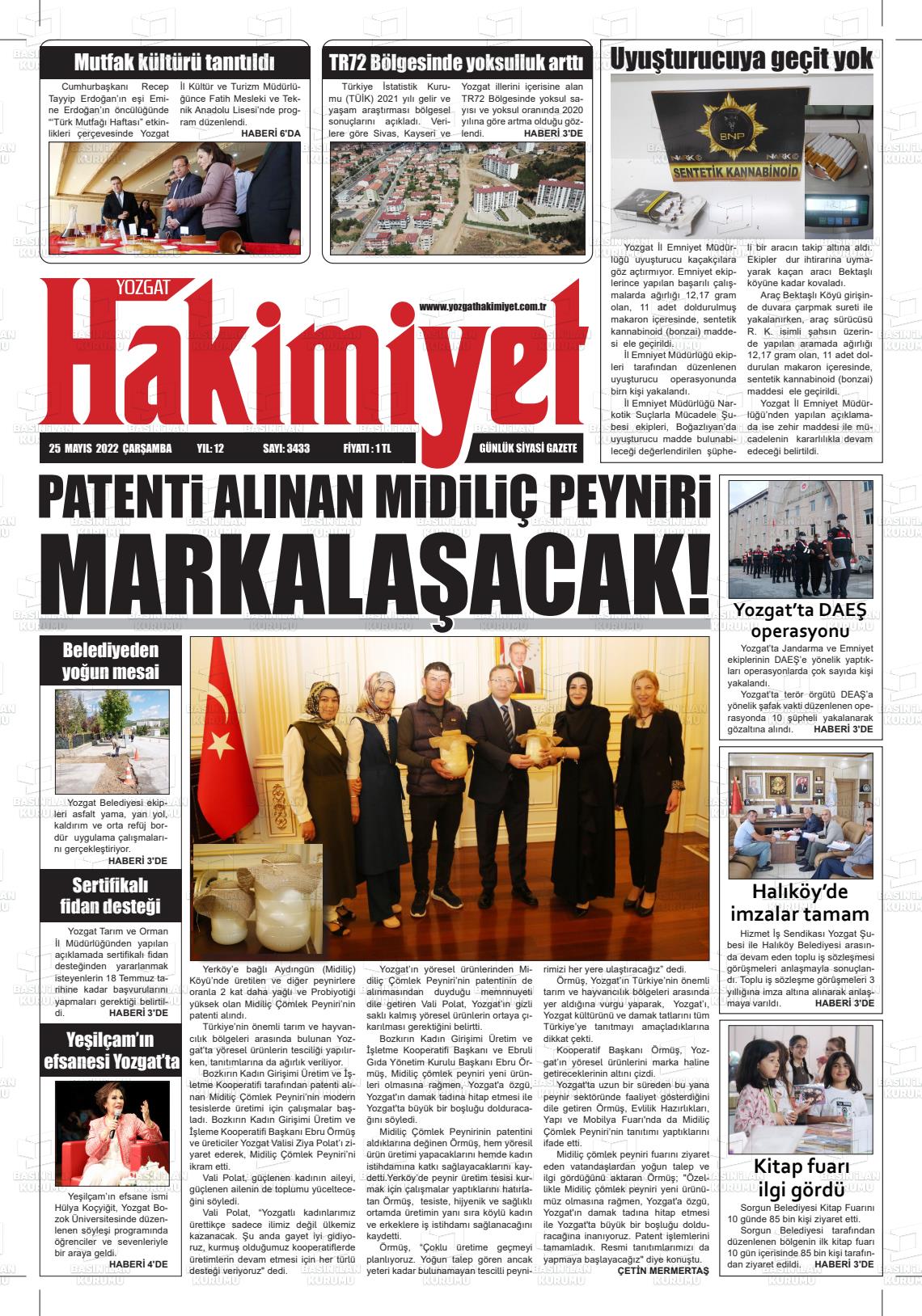 23 Temmuz 2022 Yozgat Hakimiyet Gazete Manşeti