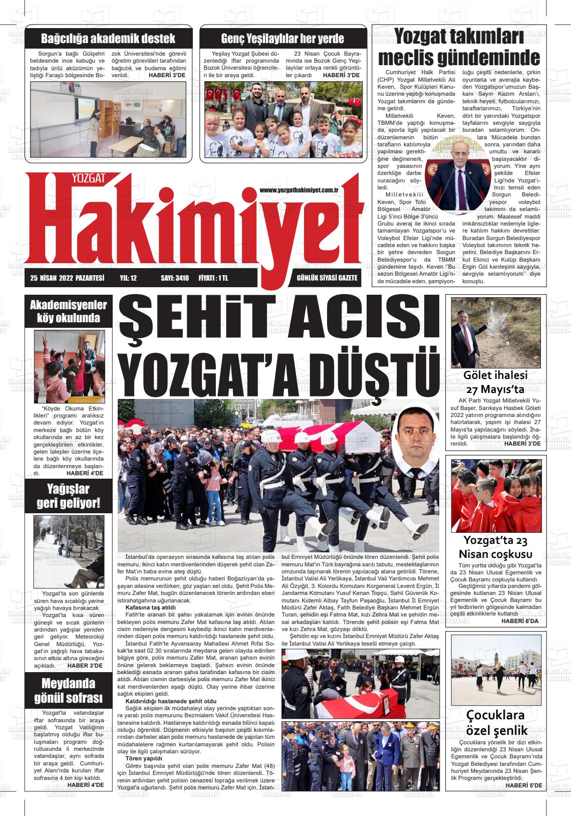 25 Nisan 2022 Yozgat Hakimiyet Gazete Manşeti