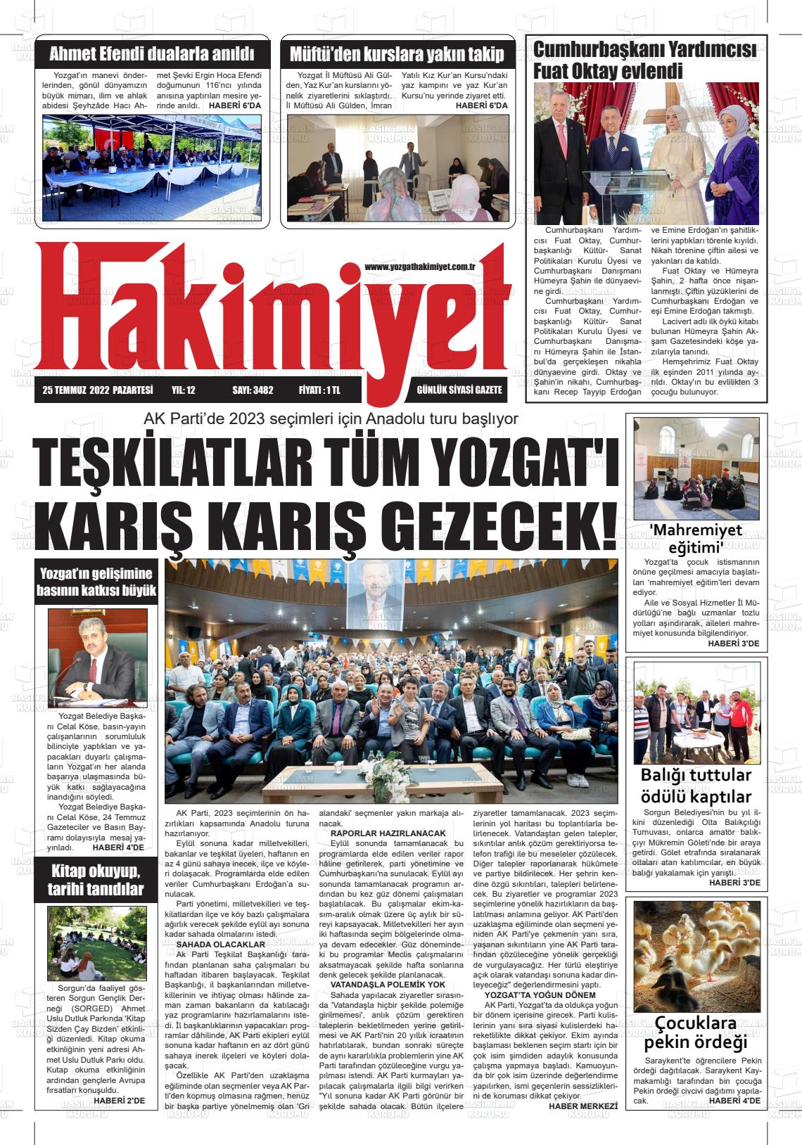 25 Temmuz 2022 Yozgat Hakimiyet Gazete Manşeti