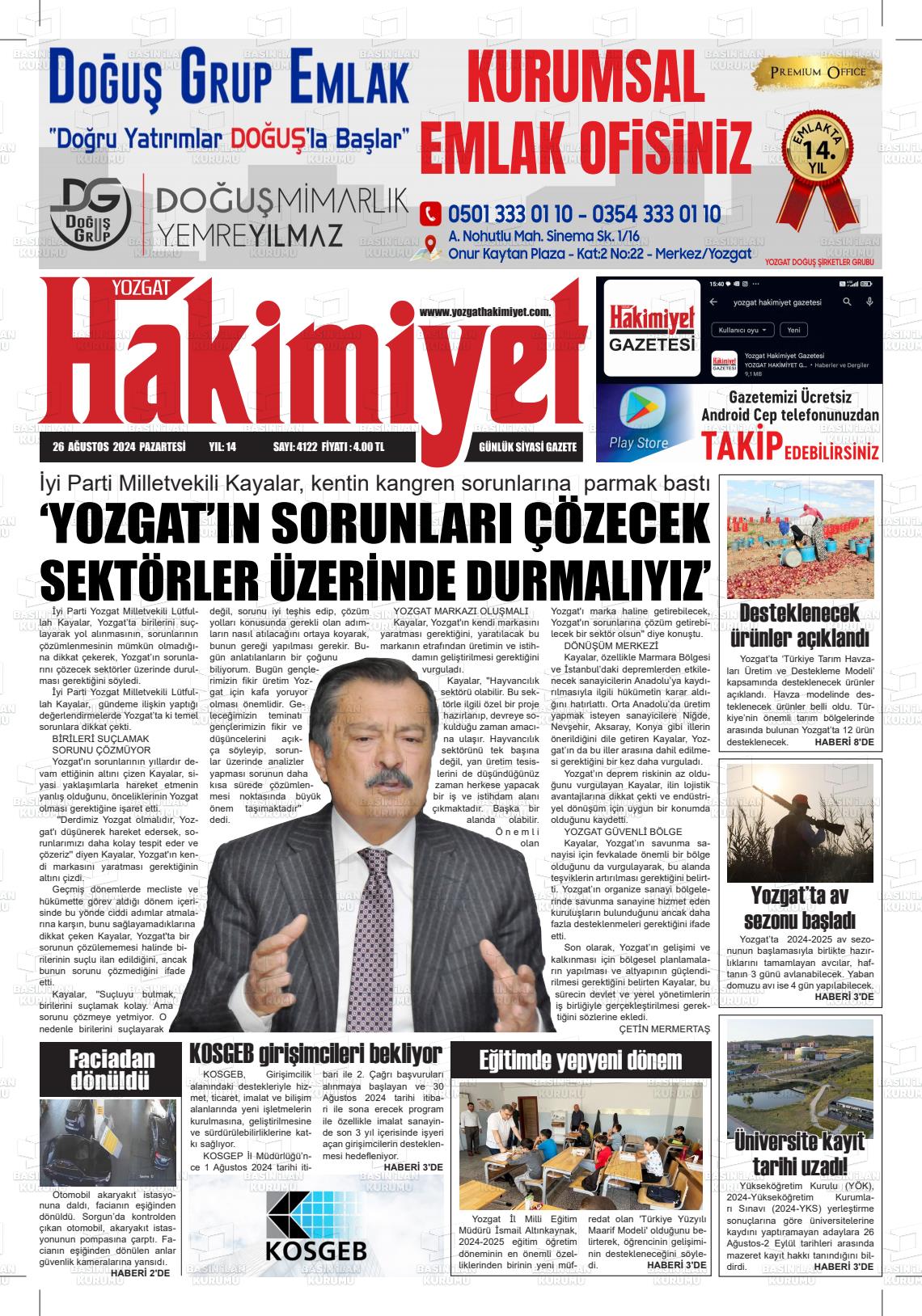 26 Ağustos 2024 Yozgat Hakimiyet Gazete Manşeti