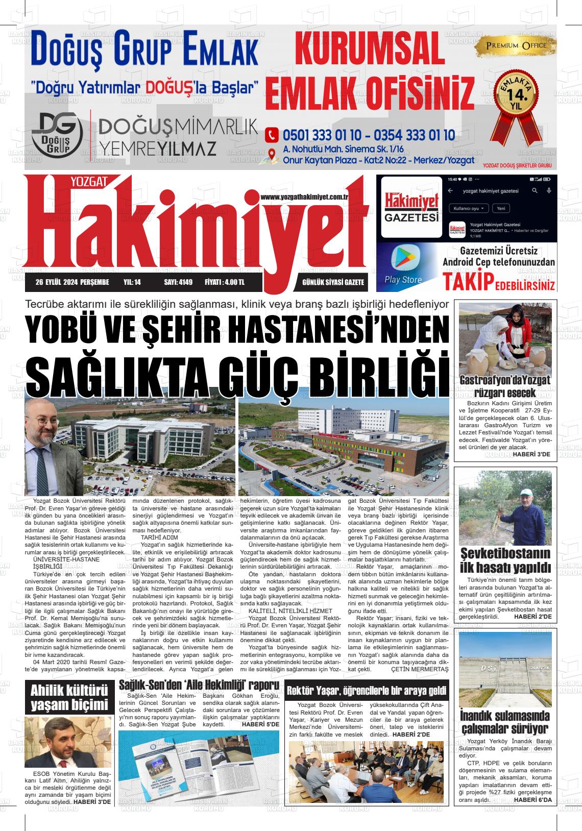 26 Eylül 2024 Yozgat Hakimiyet Gazete Manşeti