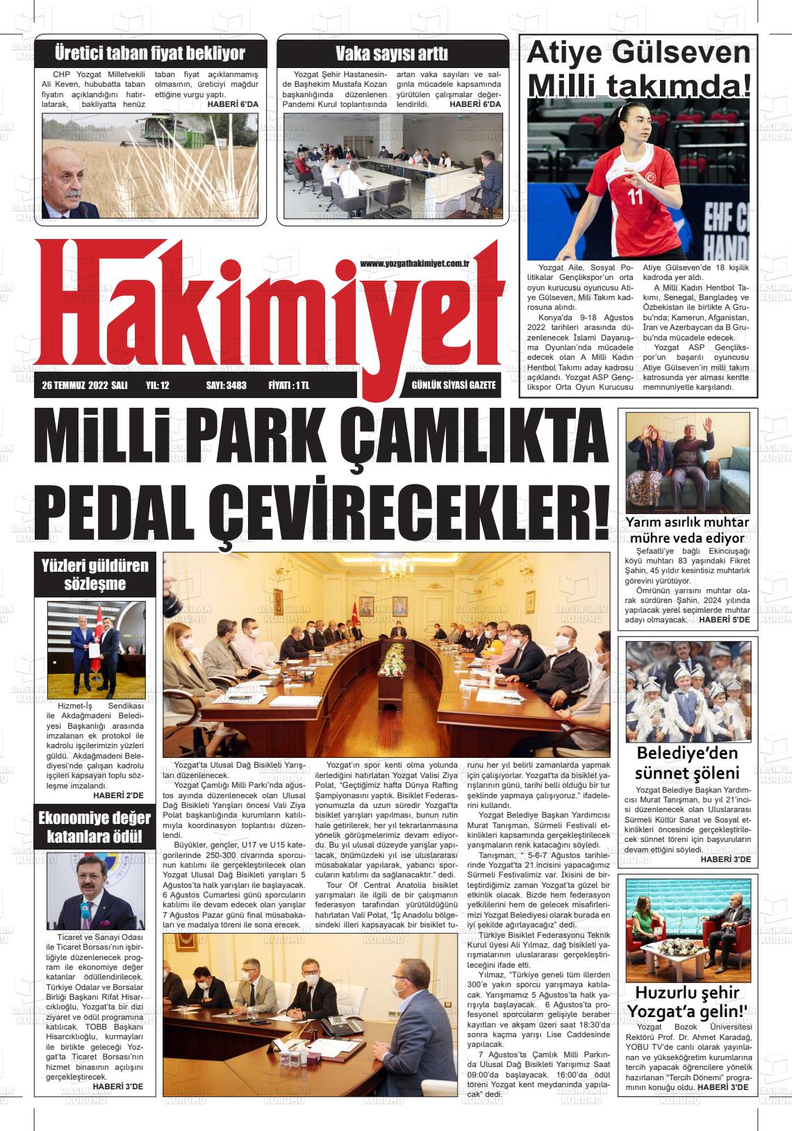 26 Temmuz 2022 Yozgat Hakimiyet Gazete Manşeti