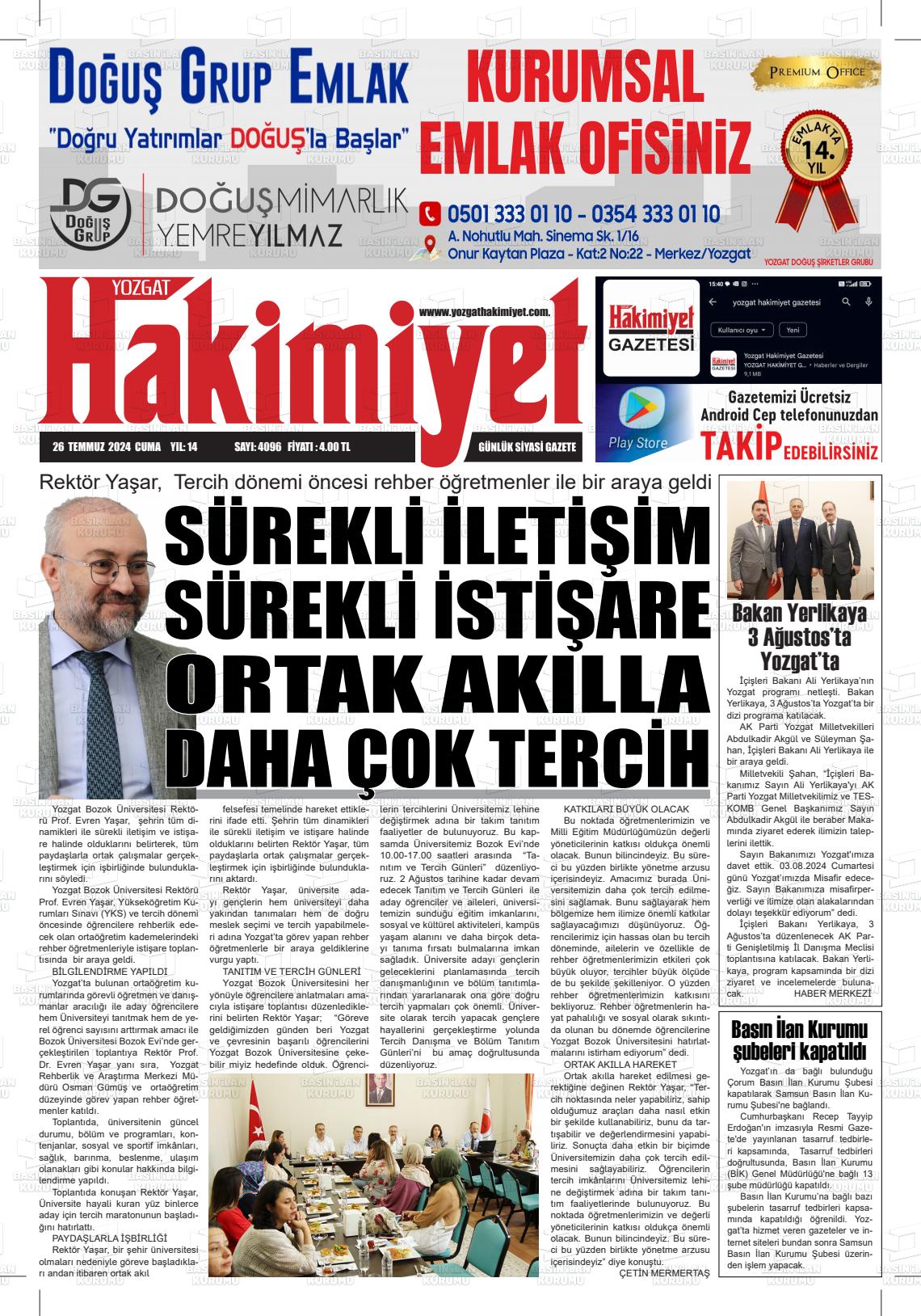 26 Temmuz 2024 Yozgat Hakimiyet Gazete Manşeti