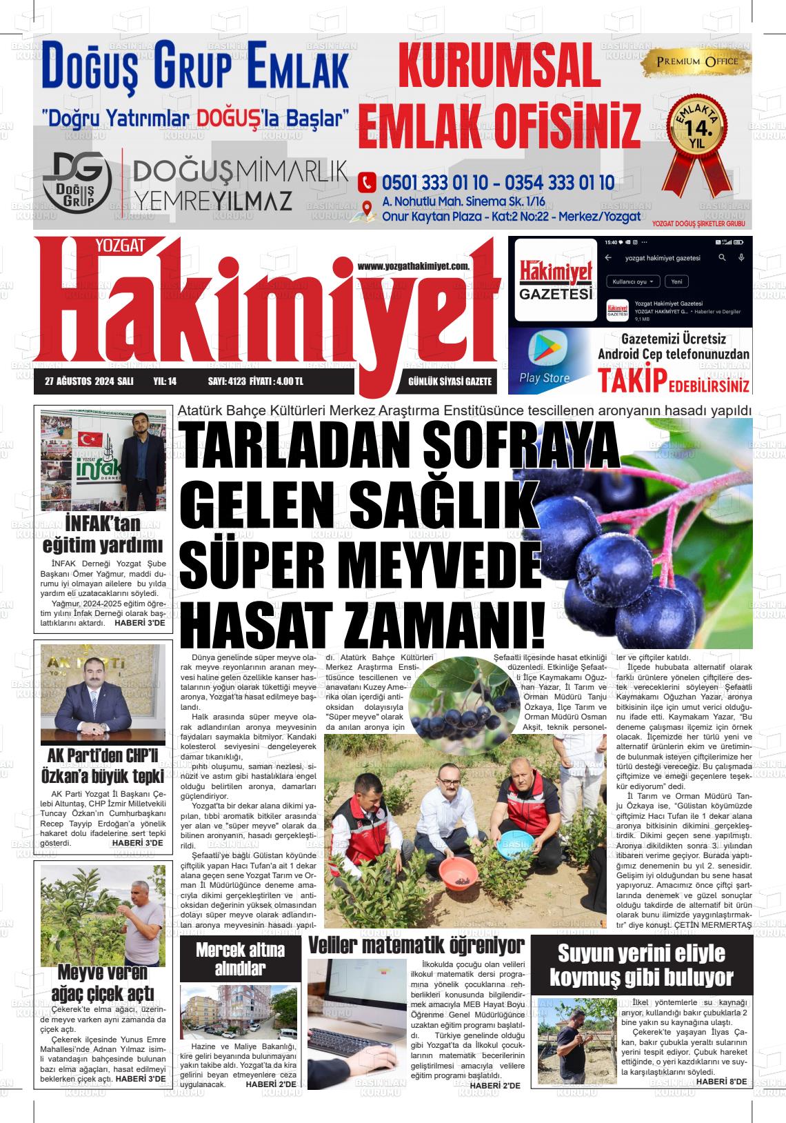 27 Ağustos 2024 Yozgat Hakimiyet Gazete Manşeti