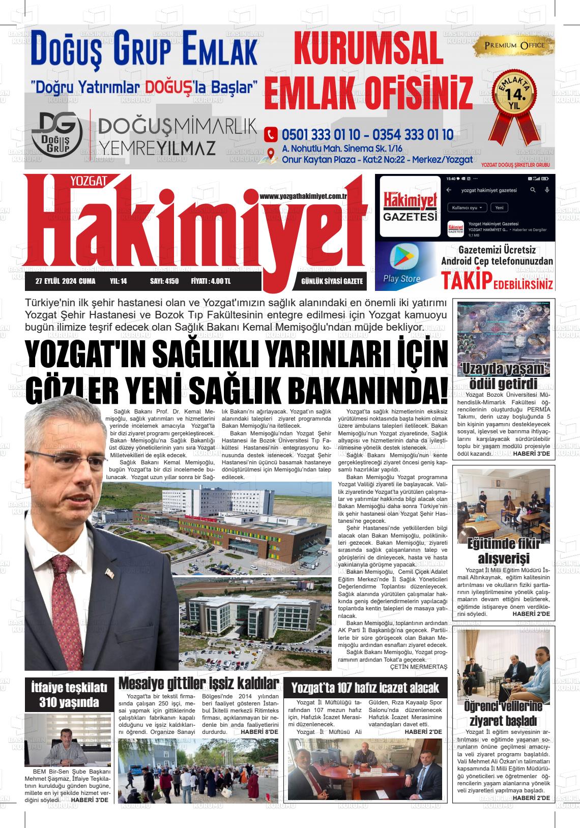 27 Eylül 2024 Yozgat Hakimiyet Gazete Manşeti