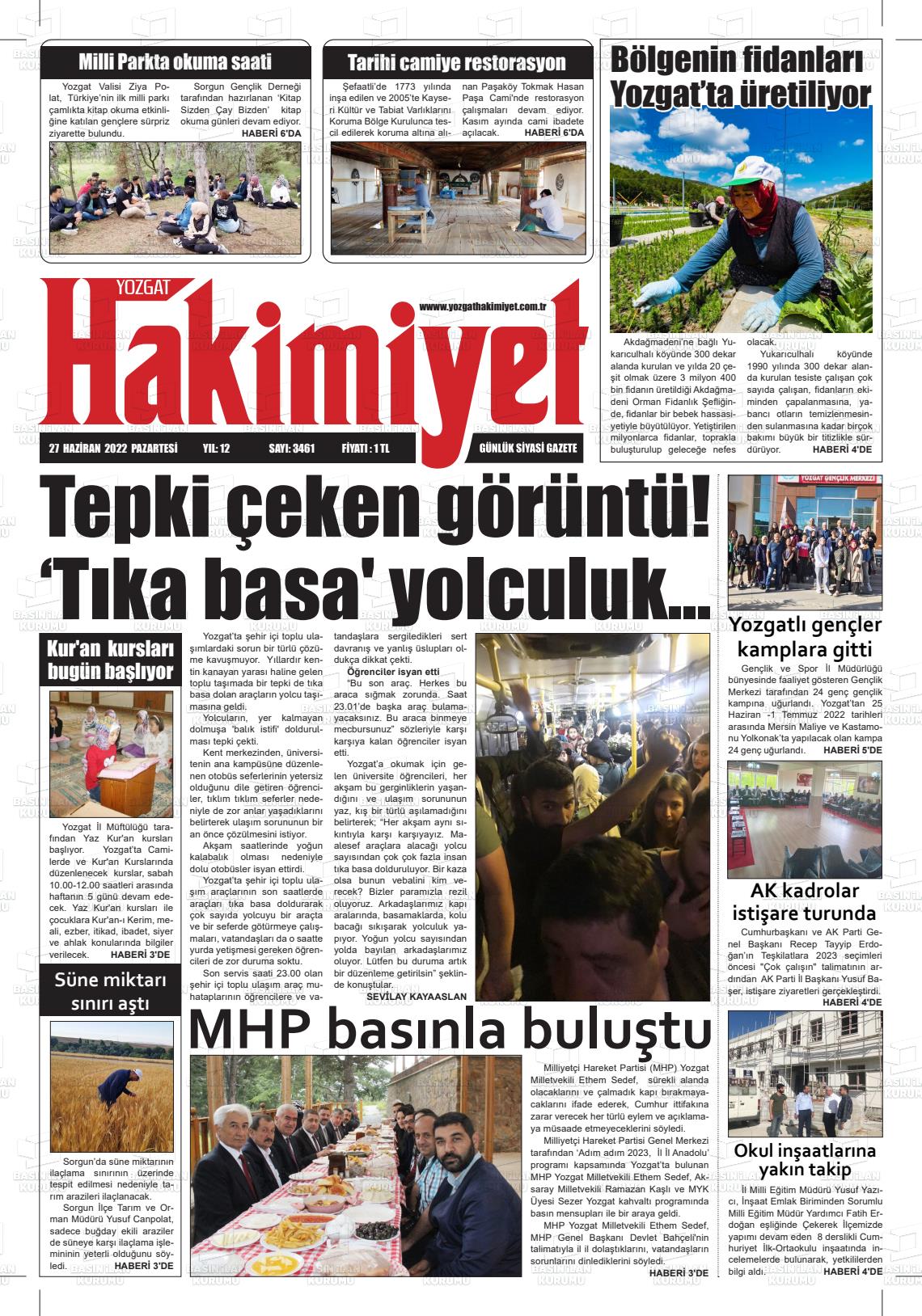 27 Haziran 2022 Yozgat Hakimiyet Gazete Manşeti