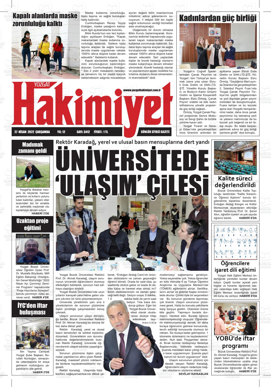 27 Nisan 2022 Yozgat Hakimiyet Gazete Manşeti