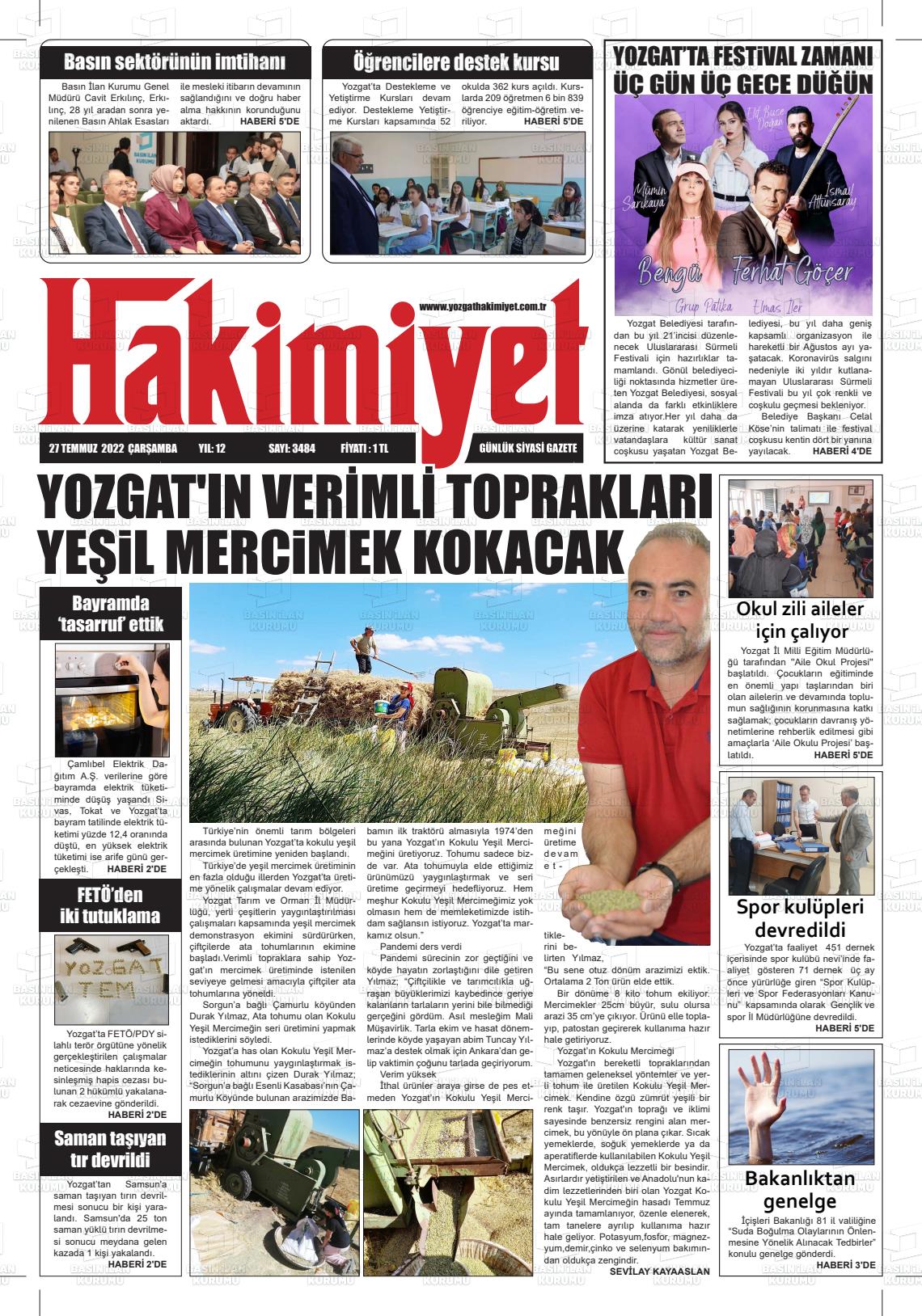 27 Temmuz 2022 Yozgat Hakimiyet Gazete Manşeti